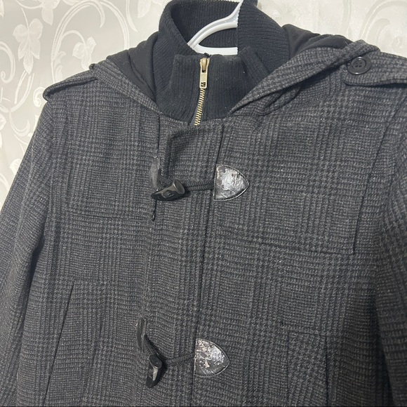 GUESS Grey Black Leather & Wool Blend Plaid Zip Up Coat - Picture 9 of 14